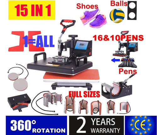 15 in 1 Heat Press Machine, Sublimation Printer/Heat Transfer Machine Pen Heat Press for Mug/Cap/T Shirt/Shoe/Bottle/Pen/Footbal