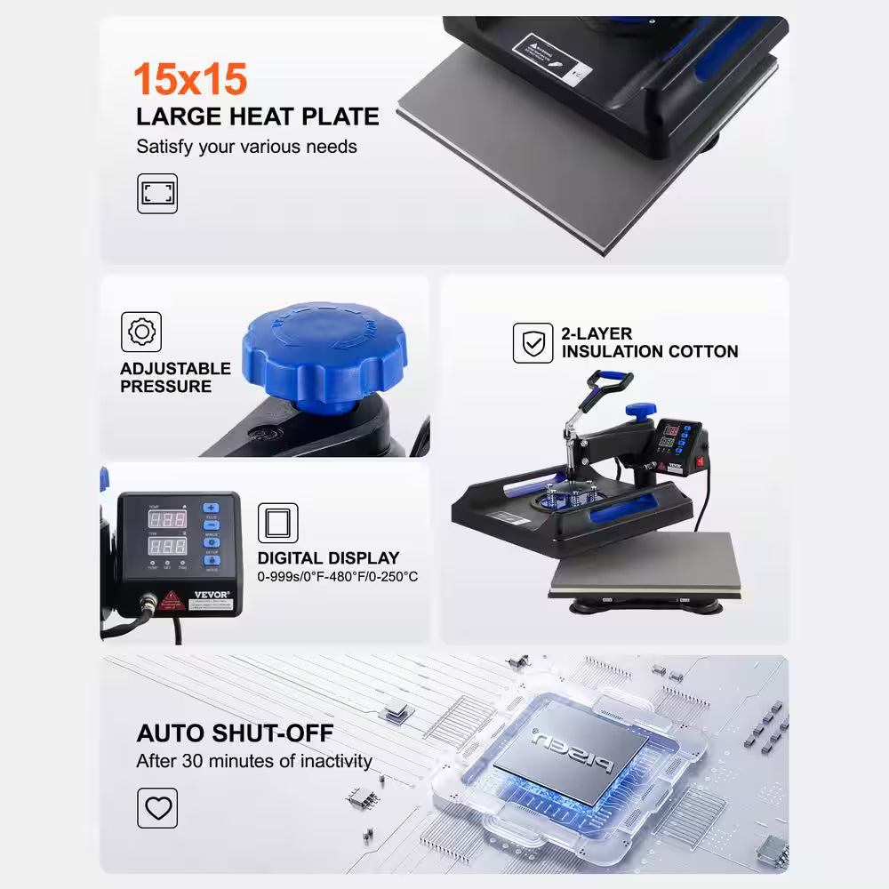 Heat Press Machine, 15 X 15 In. 5 in 1 Heat Transfer Machine with 30 Oz. Tumbler Press,Black+Blue