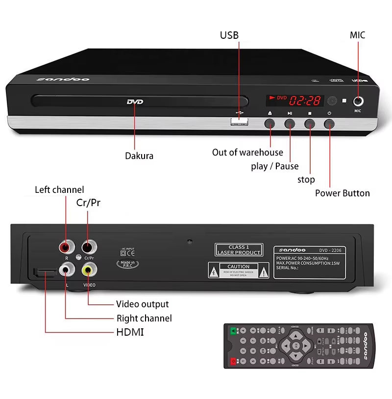 Home DVD Player VCD CD Disc Media Player Machine with AV Output Remote USB Mic Full HD 1080P Home DVD Player Box Multimedia