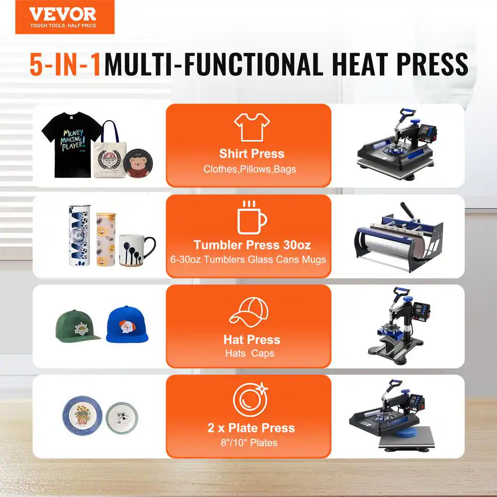 Heat Press Machine, 15 X 15 In. 5 in 1 Heat Transfer Machine with 30 Oz. Tumbler Press,Black+Blue