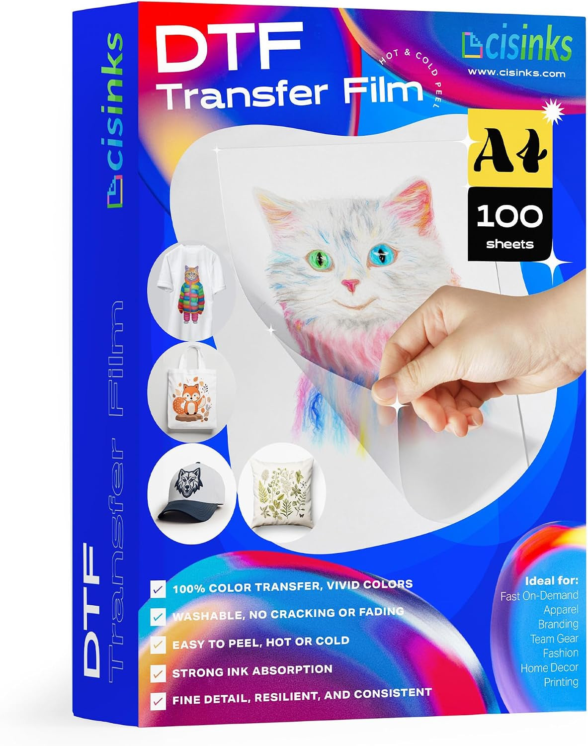 Cisinks Premium DTF Transfer Film 8.25"X11.75" - A4 Hot/Cold Peel 100 Sheets Matte Clear Pretreat PET Heat Transfer Paper for DIY Direct Print on All Fabric and Colors T-Shirts Textile