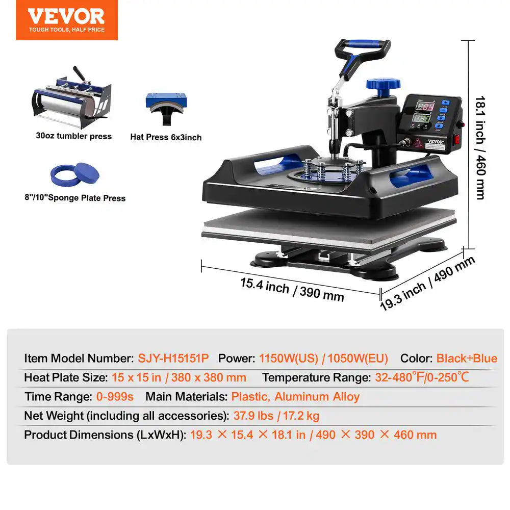 Heat Press Machine, 15 X 15 In. 5 in 1 Heat Transfer Machine with 30 Oz. Tumbler Press,Black+Blue