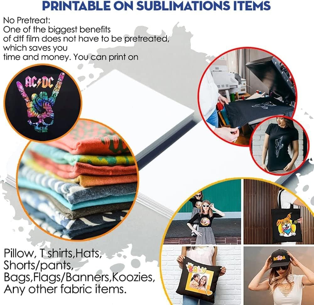 Cisinks Premium DTF Transfer Film 8.25"X11.75" - A4 Hot/Cold Peel 100 Sheets Matte Clear Pretreat PET Heat Transfer Paper for DIY Direct Print on All Fabric and Colors T-Shirts Textile